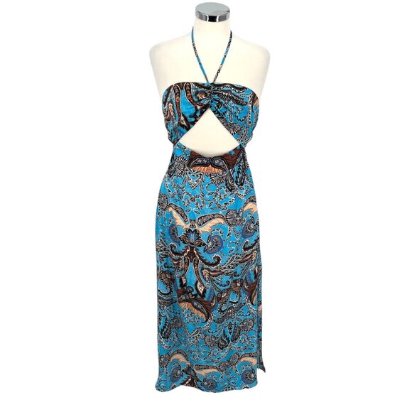 Topshop Boho Halter Cutout Maxi Dress Blue Black Size 2 NWOT - Picture 1 of 9